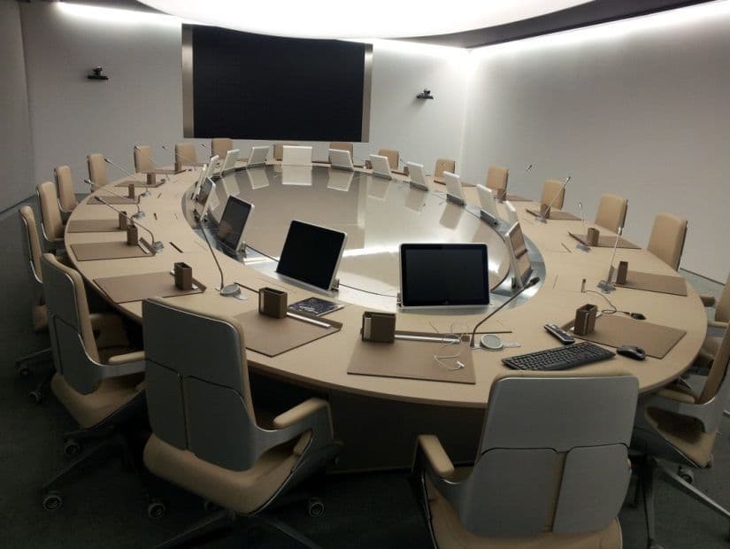 Modern boardroom with video conferencing setup